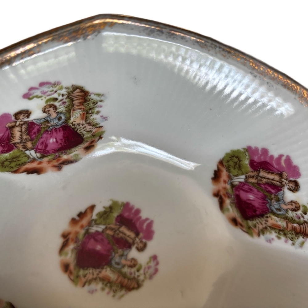 Vintage Victorian Courting Couple Octagonal Bowl  8" Across 3” Tall Gold Trim